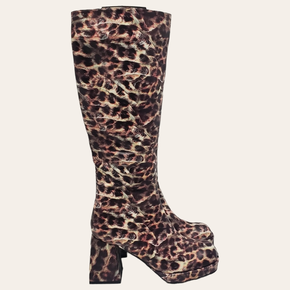 Sophitina Go Go Platform Knee High Leopard Square Toe Block Chunky Heels Boots